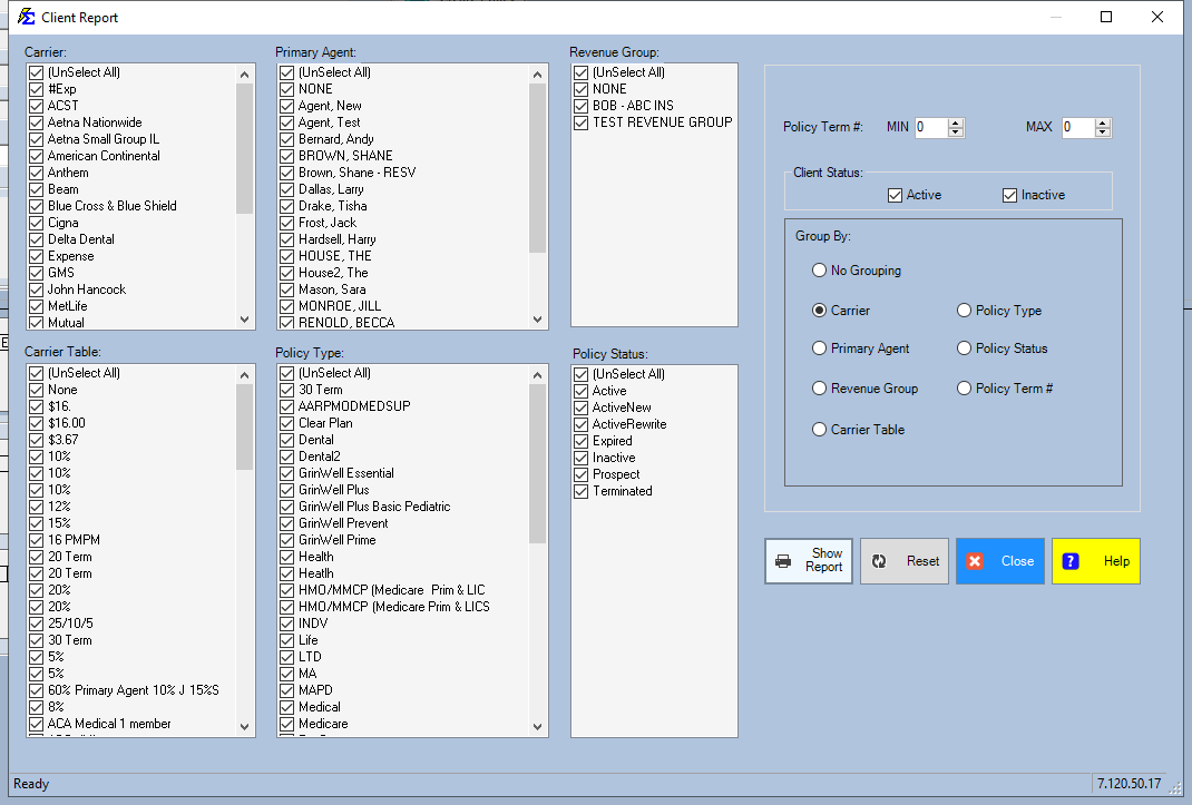 Client Report Parameters