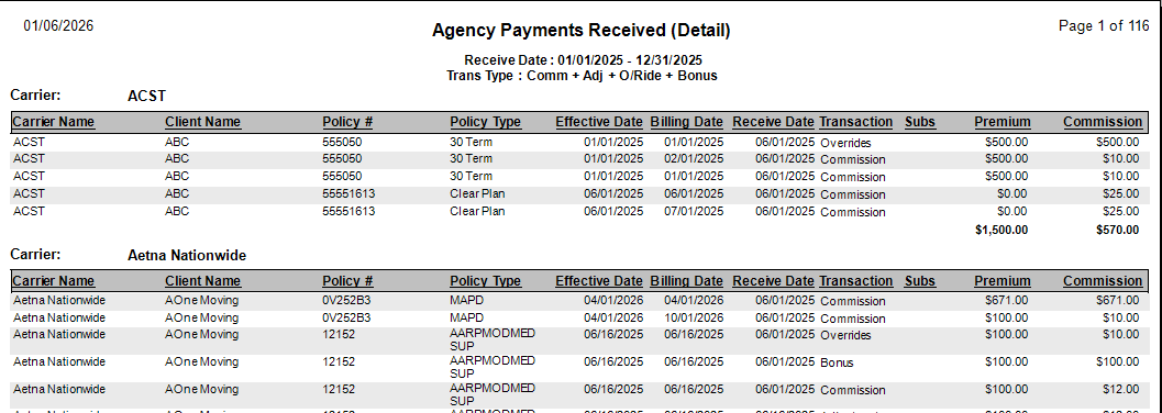 Agency Payments Received Session List