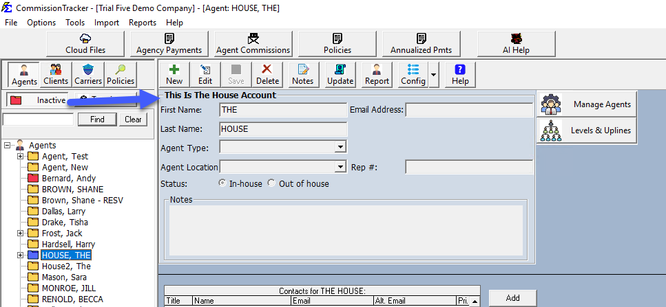 Agent Profile Advanced Settings and House Account Designation